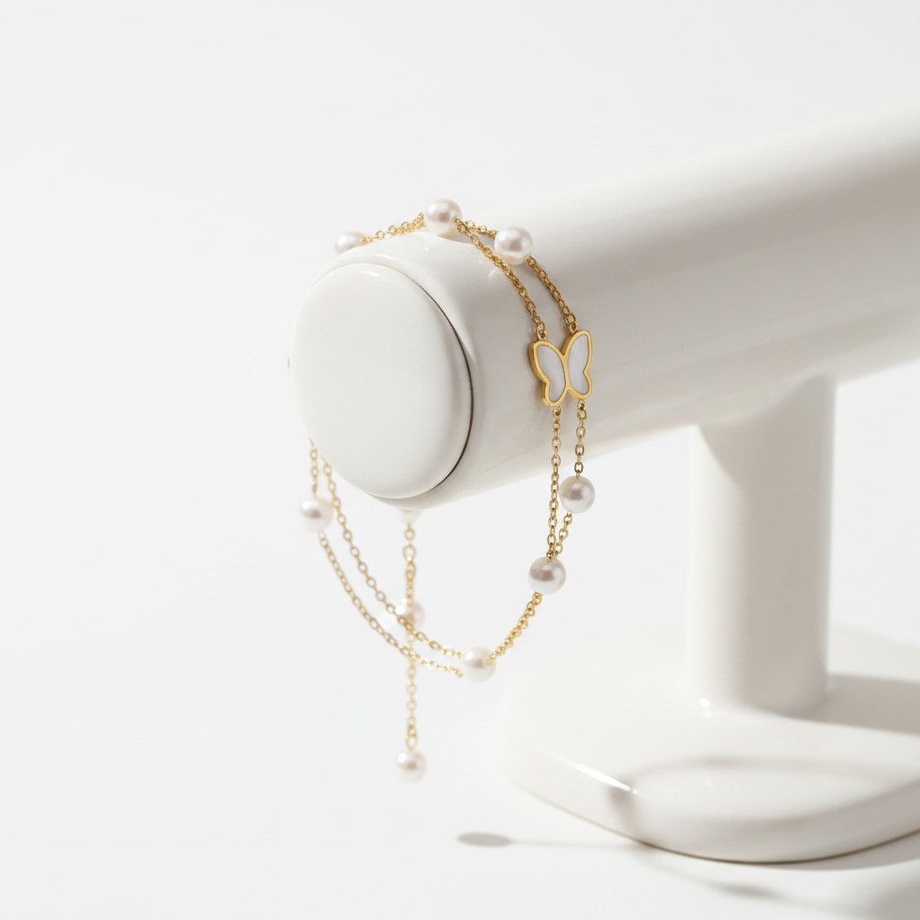 Gold Pearl Butterfly Double Layer Chain Charm Bracelet