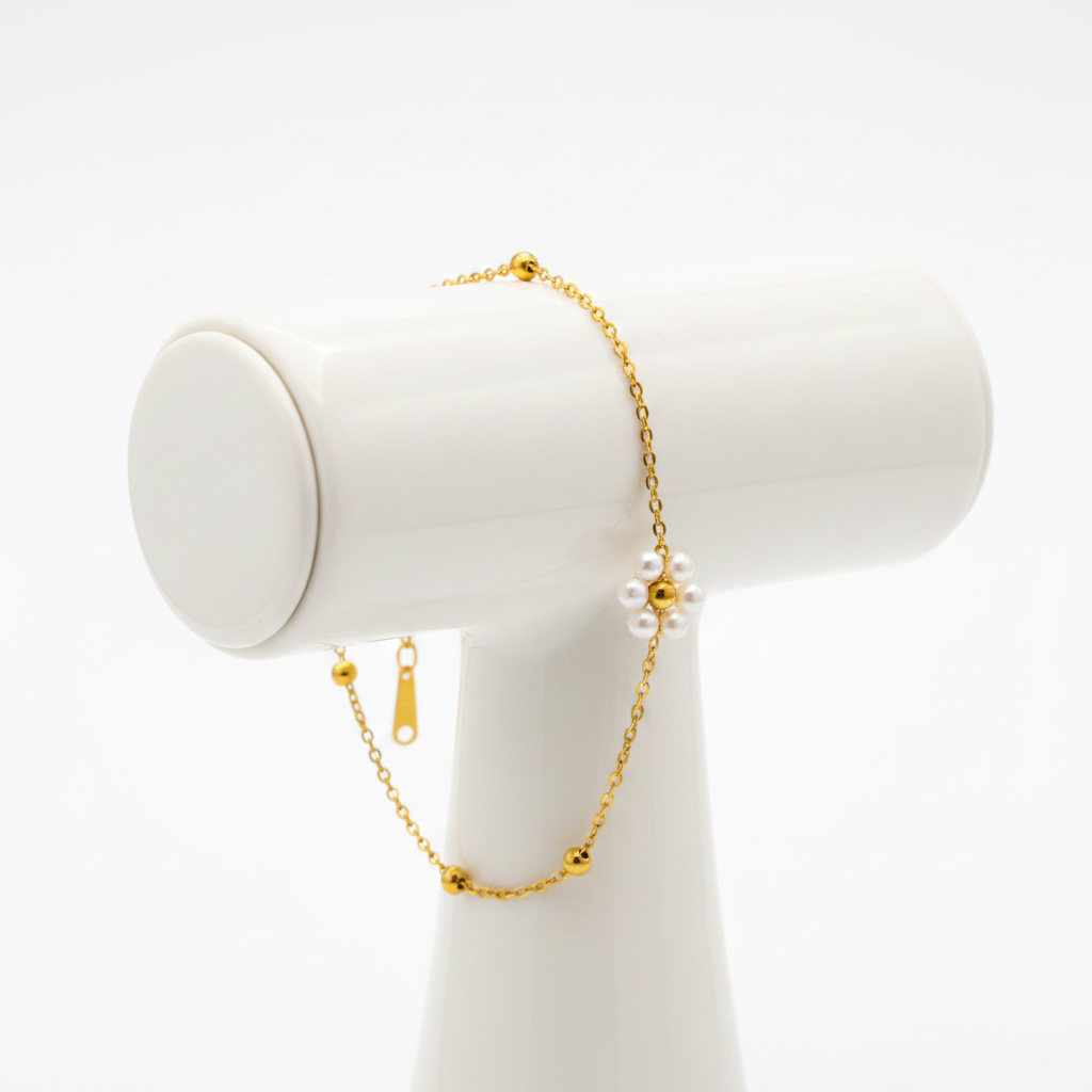 Gold Single Pearl Flower Bracelet