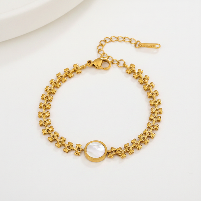 Gold Clover MOP Linked Chain Charm Bracelet — 18K Gold Plated