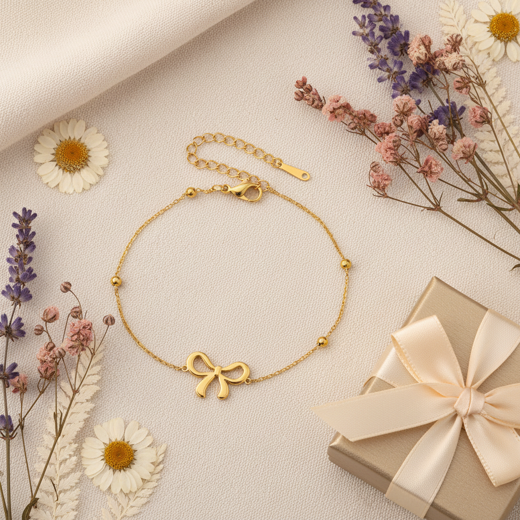 Gold Bow Bead Chain Charm Bracelet