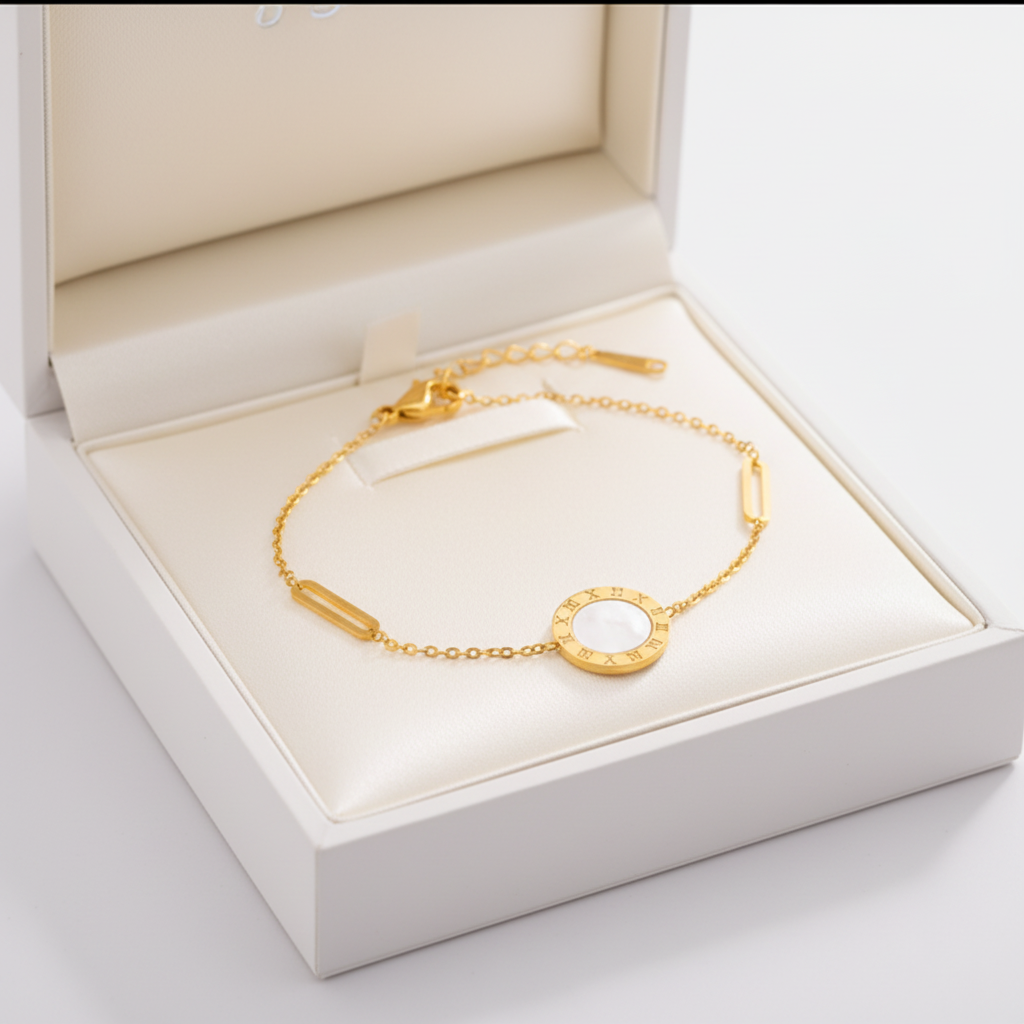 Gold Roman Numerals MOP Disc Charm Bracelet