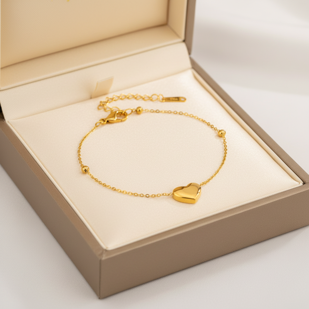 Gold Heart Bead Chain Charm Bracelet