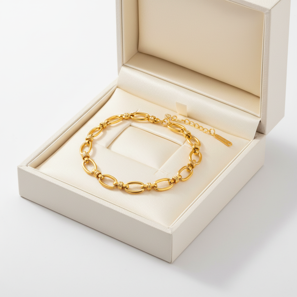 Gold Decorative Oval Link Chain Charm Bracelet