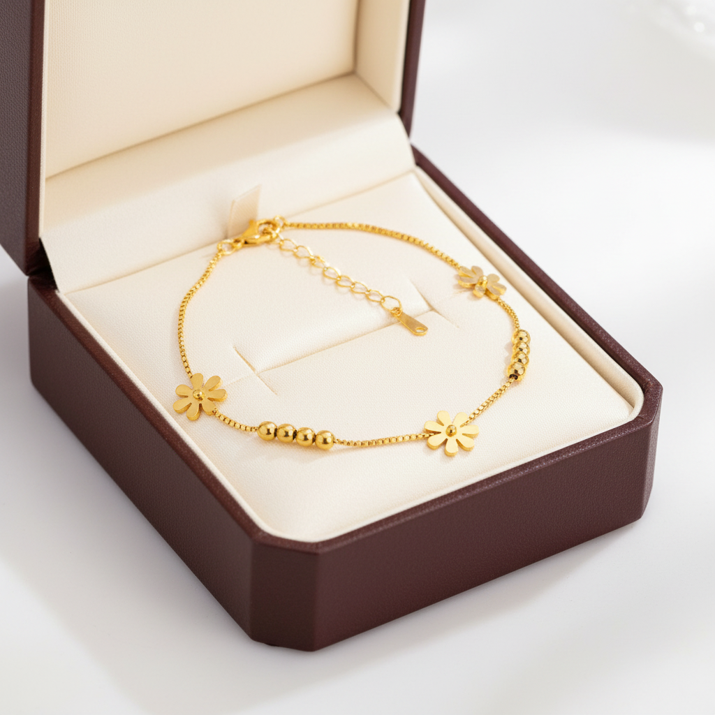 Gold Daisy Box Chain Charm Bracelet