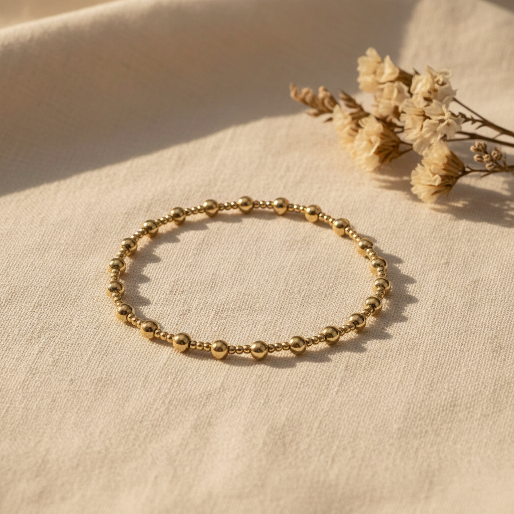 Gold Beaded Chain Bracelet — Flat Lay