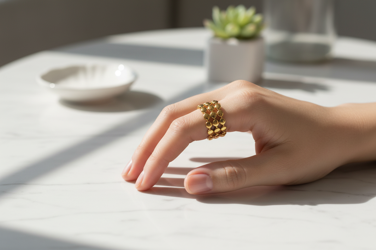 Gold chain ring on marble