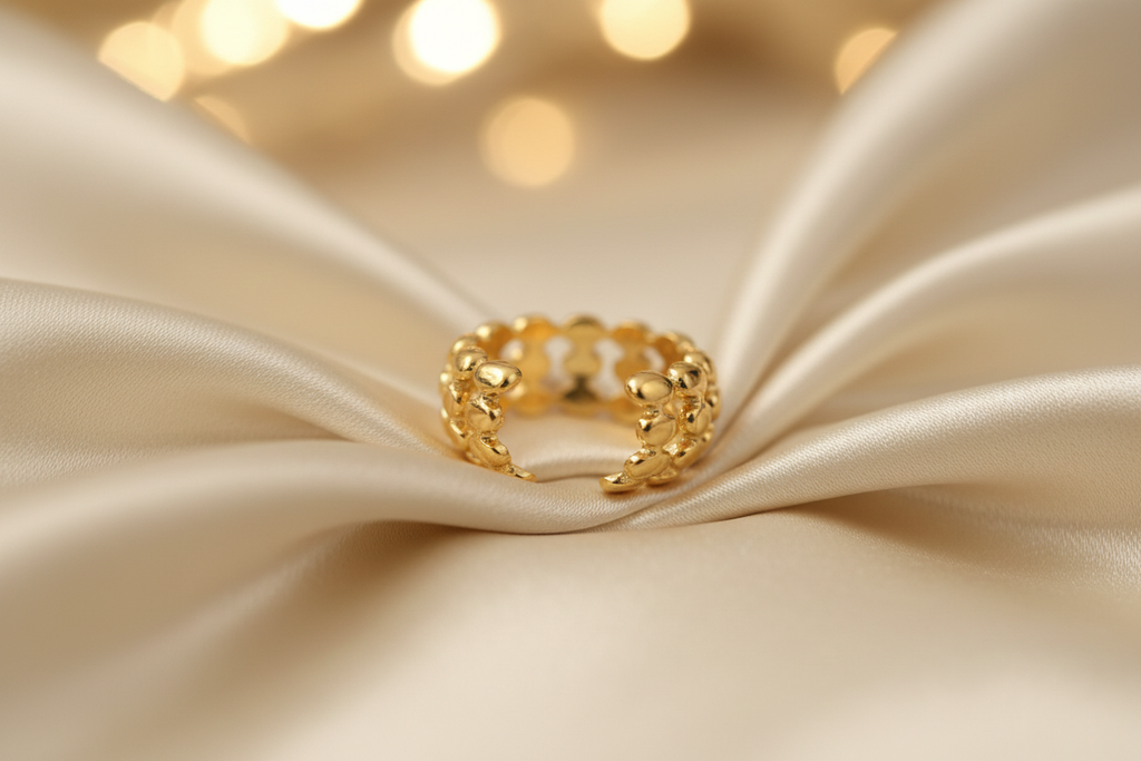 Gold chain ring on silk