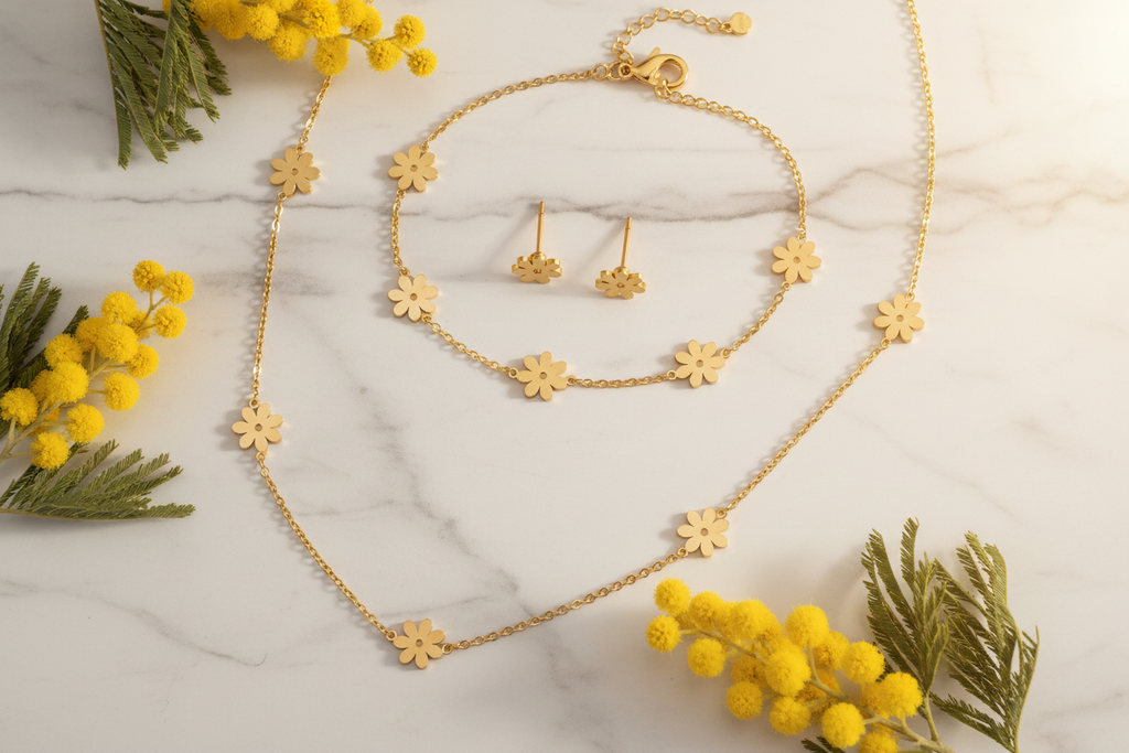 Six-Petal Gold Flower Jewellery Set