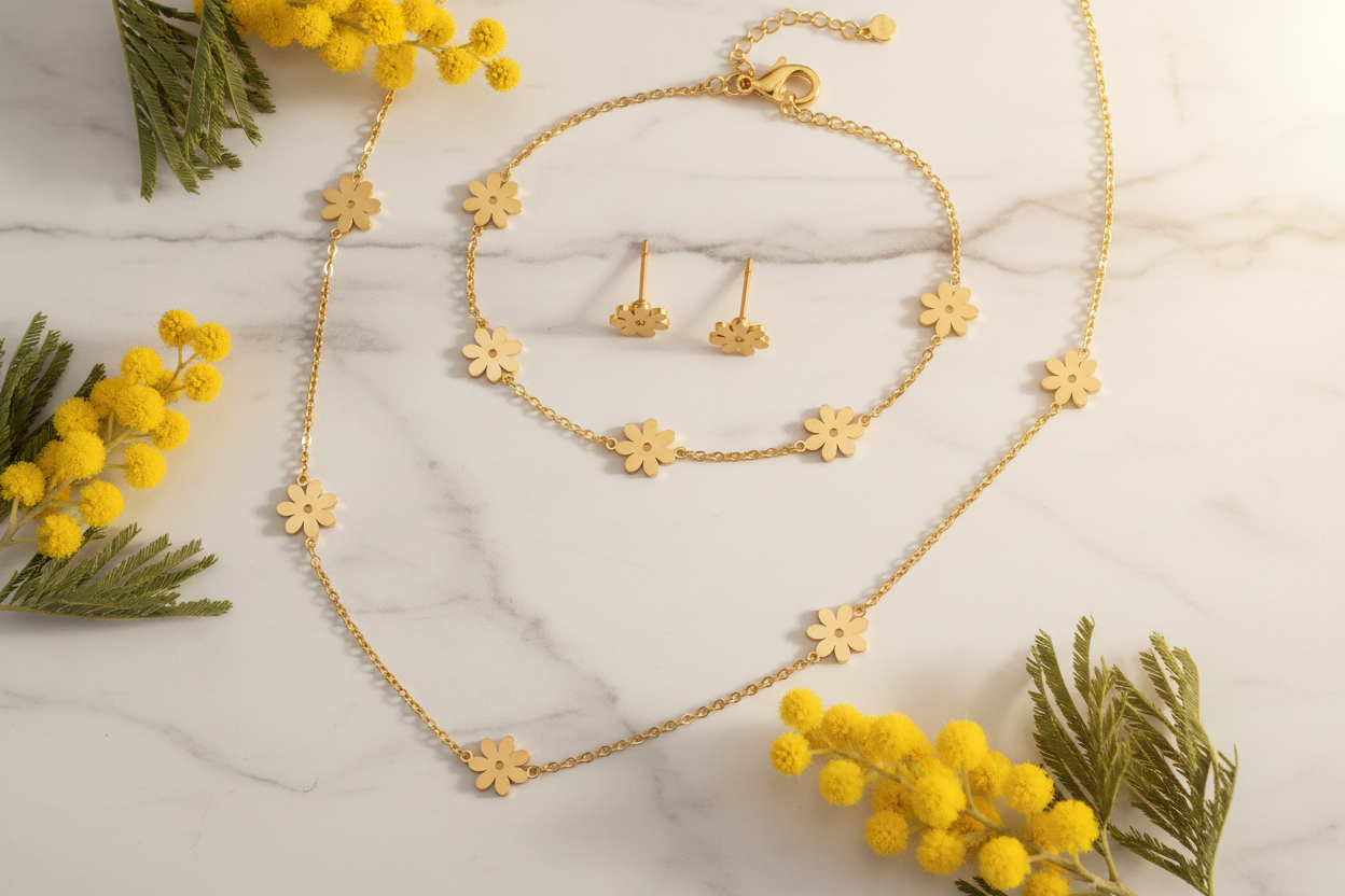 Six-Petal Gold Flower Jewellery Set