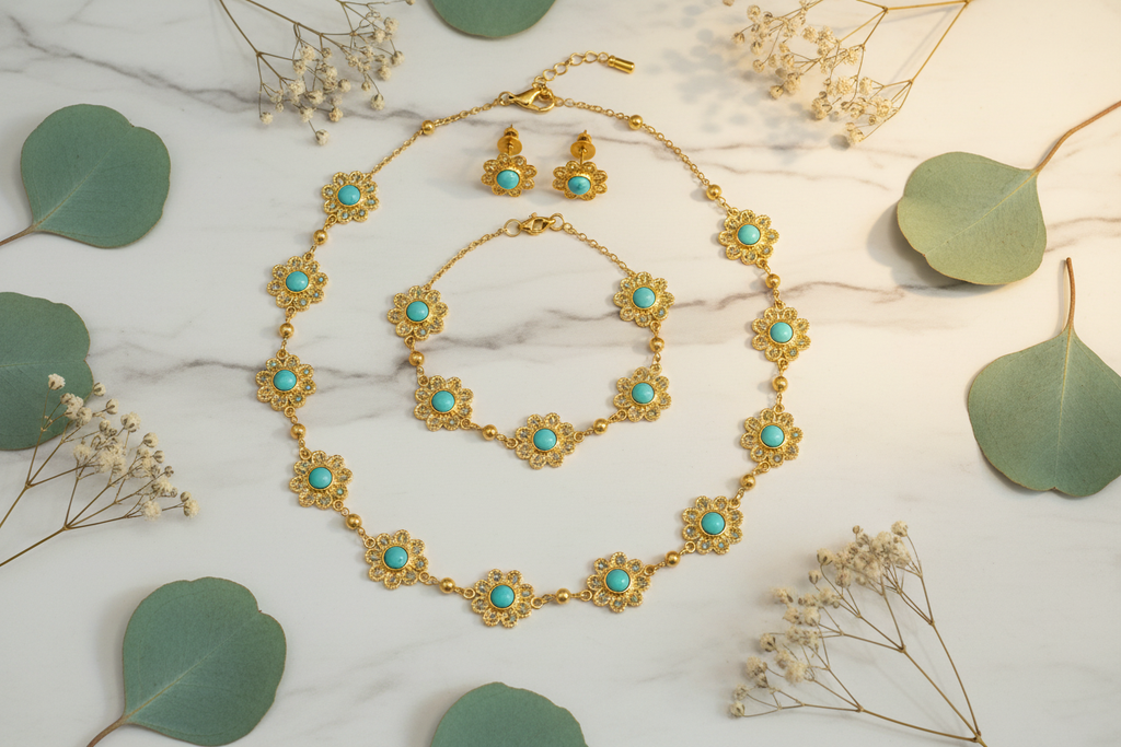 Blue-Green Bead Vintage Flower Jewellery Set