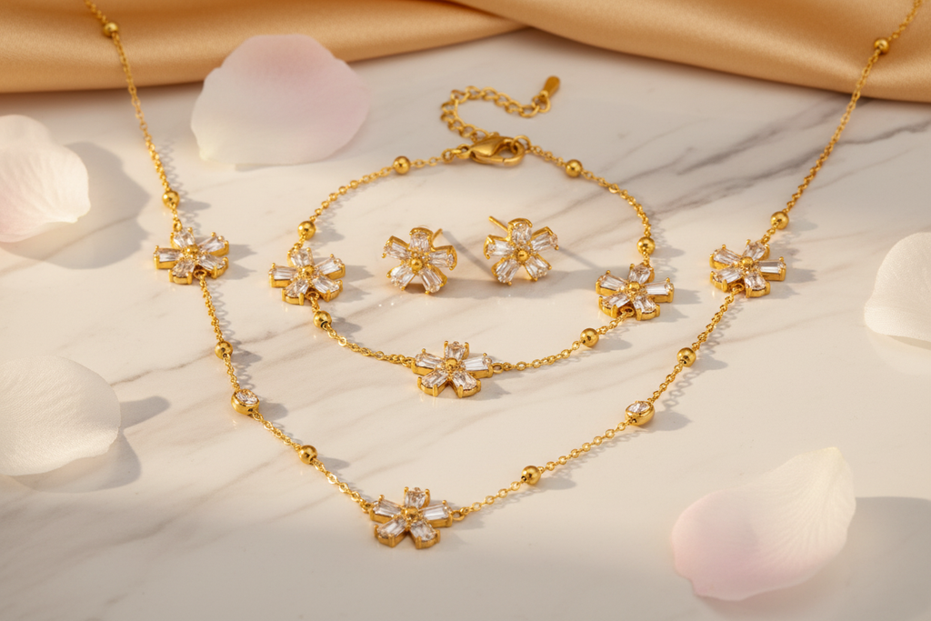 Rhinestone Five-Petal Flower Jewellery Set