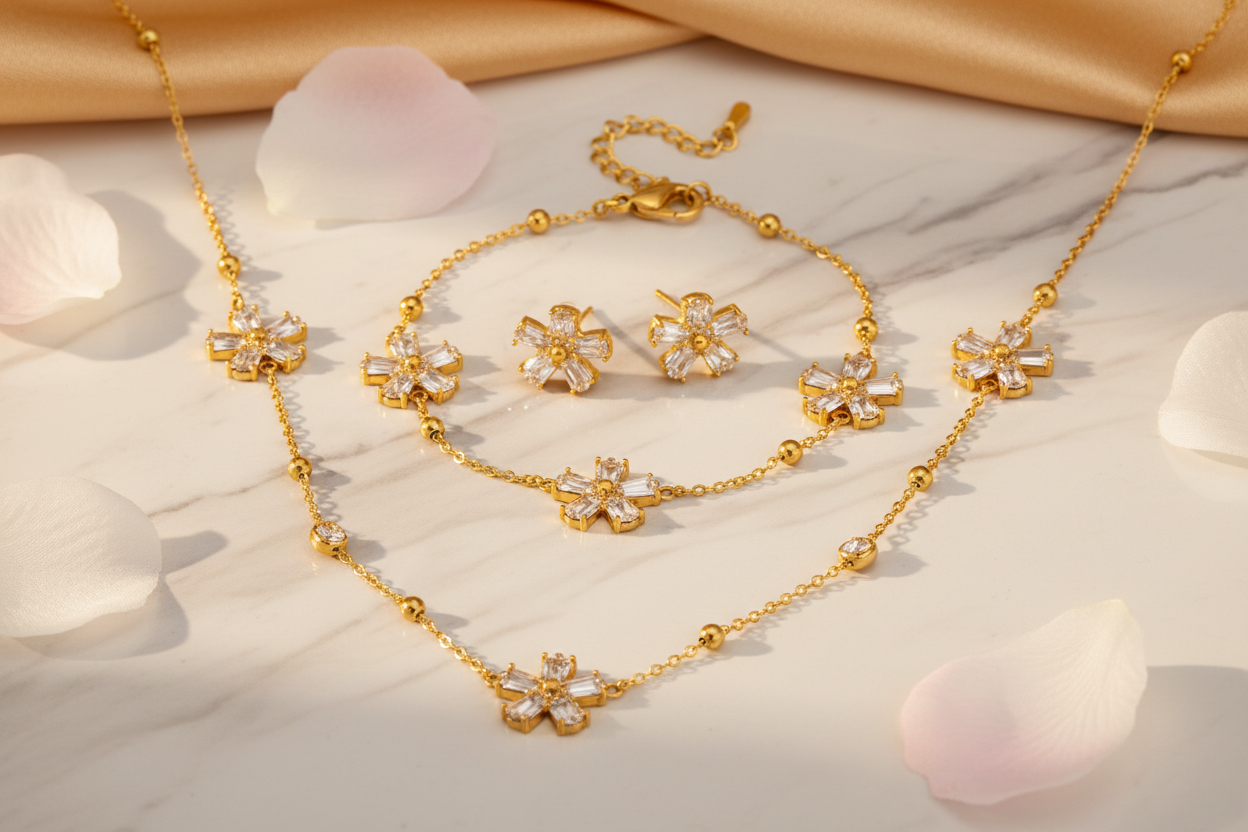 Rhinestone Five-Petal Flower Jewellery Set