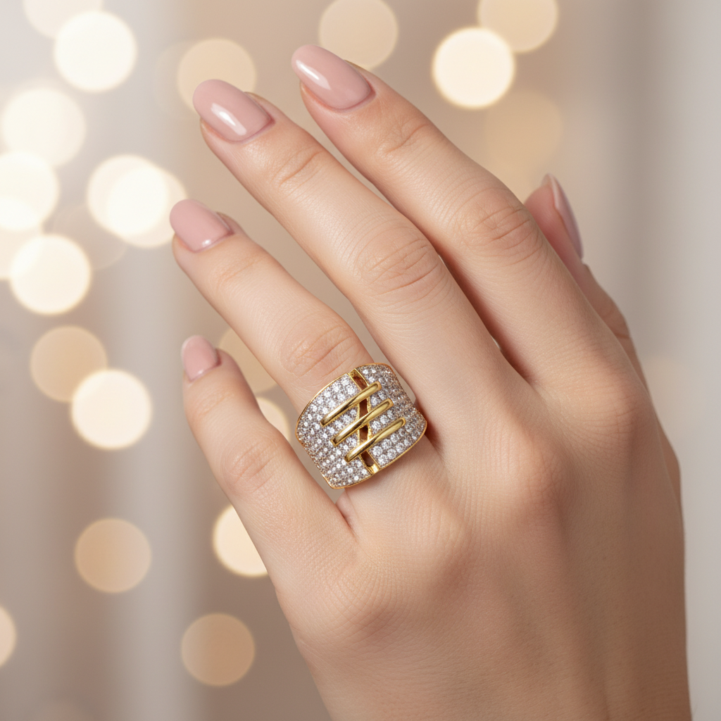 Pave Rhinestone With Gold Lines Pave Ring