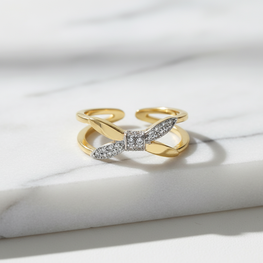 Bow Knot X-Shape Two-Tone Rhinestone Pave Ring