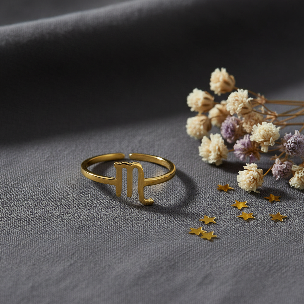 Scorpio Ring — Dark Linen Flat Lay