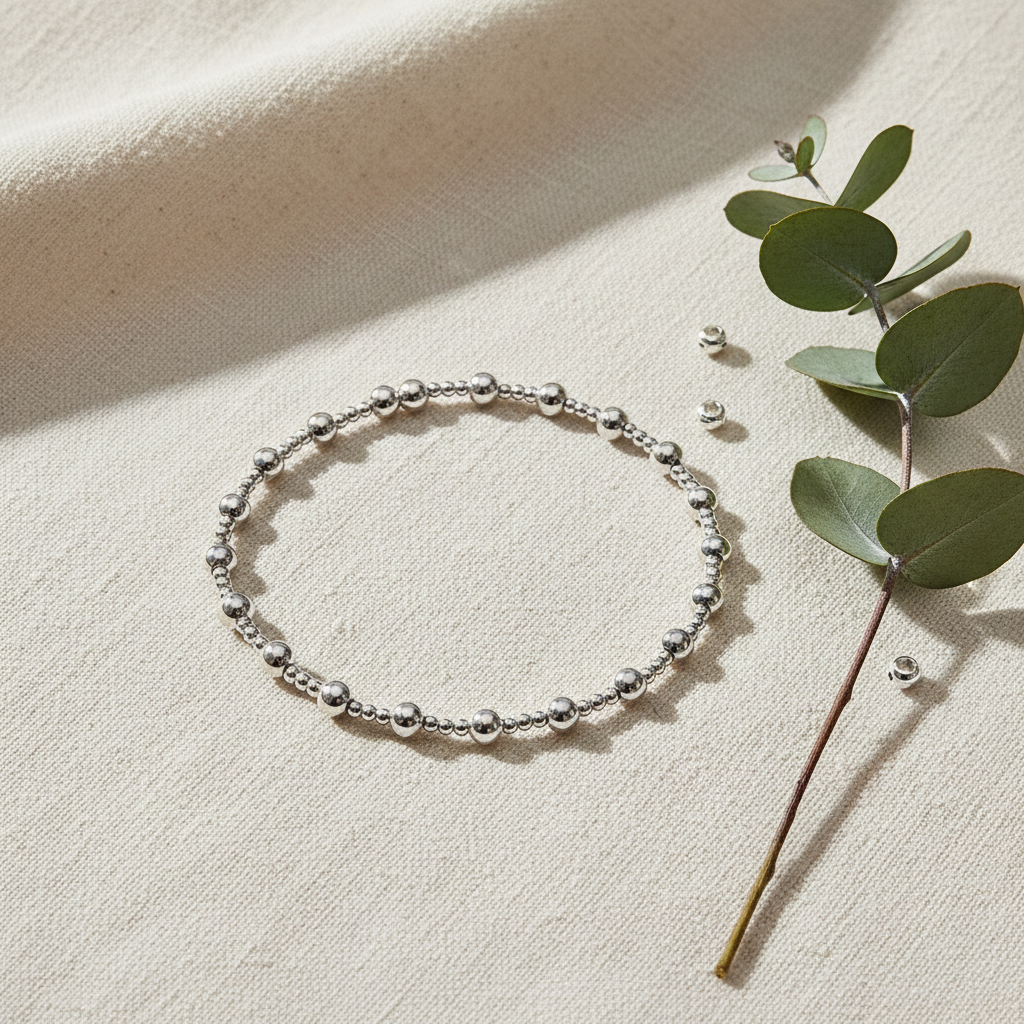 Silver Beaded Bracelet — Flat Lay