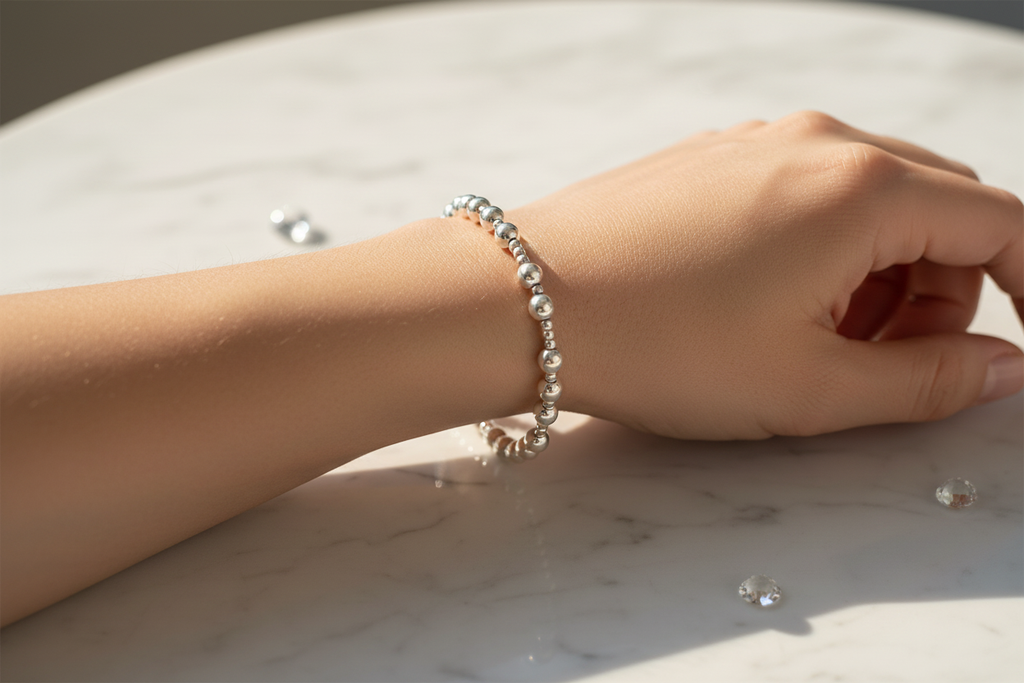 Silver Beaded Bracelet — Marble