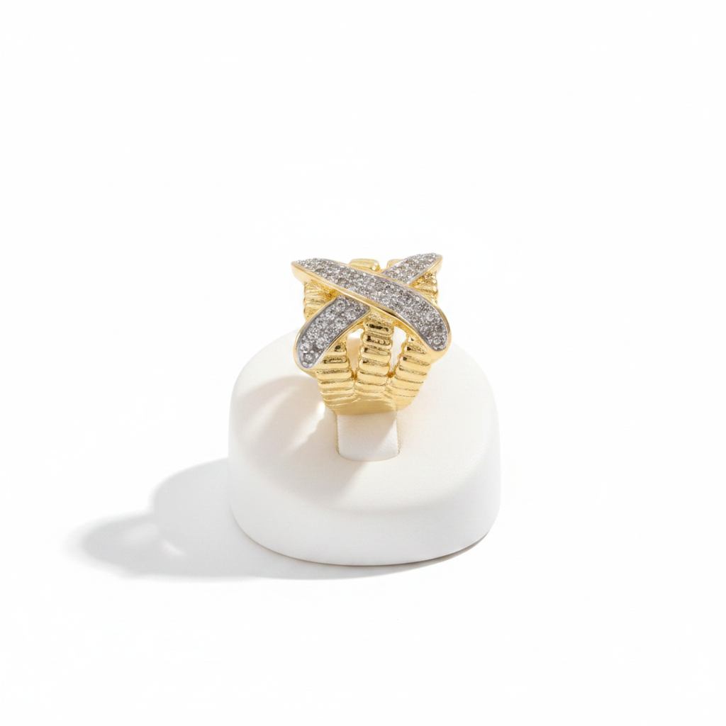 Gold Wide Criss-Cross Rhinestone Pave Ring